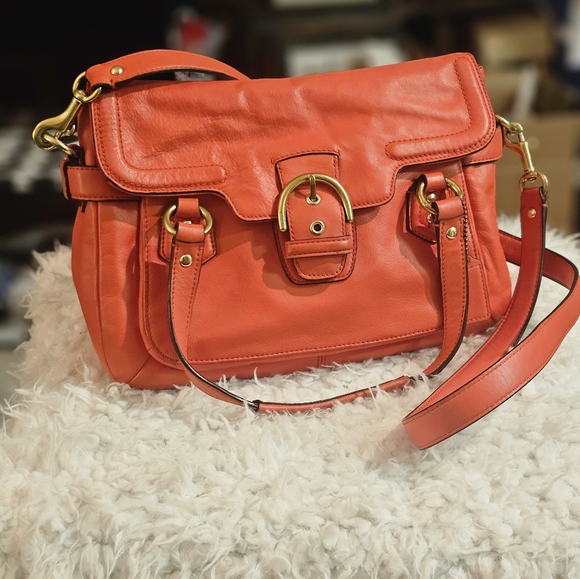 COACH Campbell Eva Orange Leather Large Flap Shoulder Bag Purse Dust Bag - Picture 10 of 15